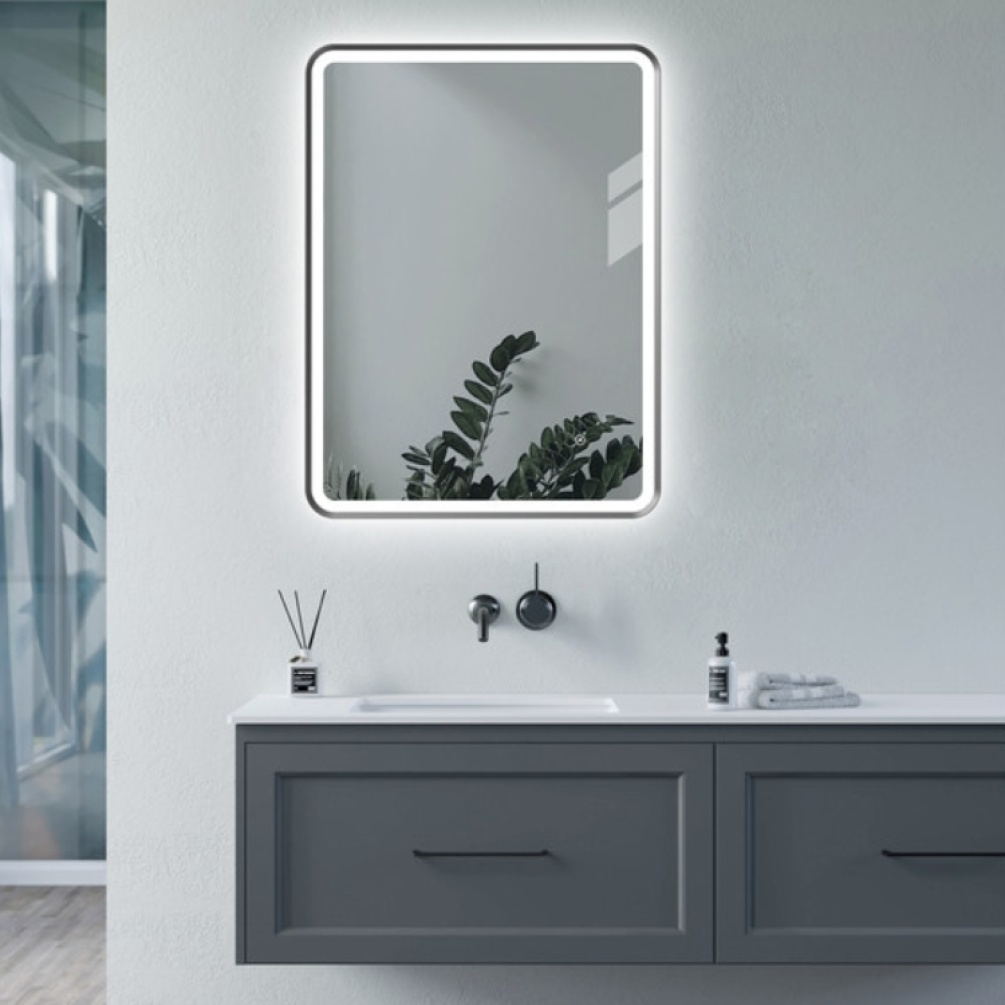 Product Lifestyle image of the Apex Matt Black 600mm x 800mm Rectangle LED Mirror
